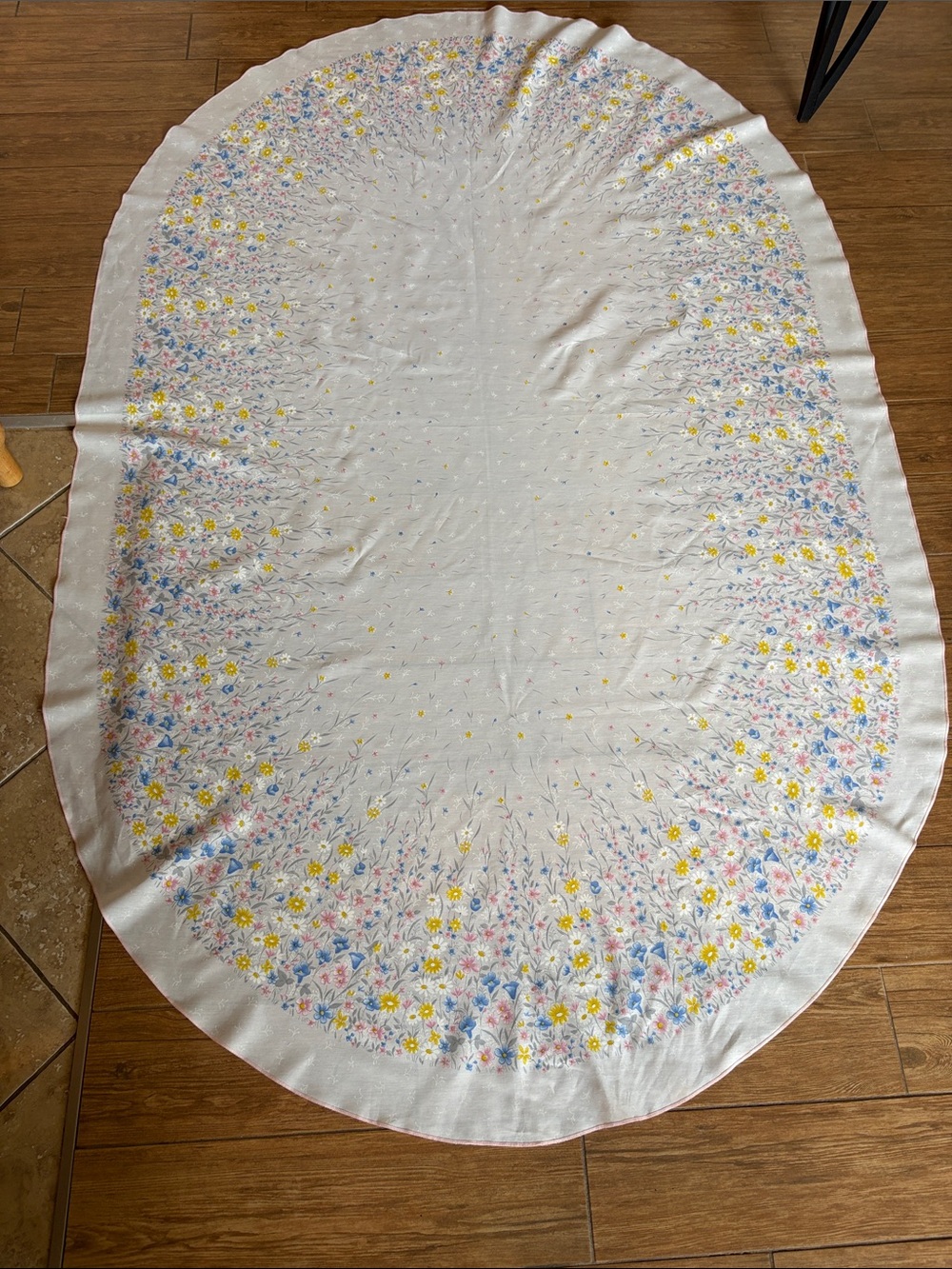 White Oval Floral  with Blue, Yellow & Pink Accents table cloth